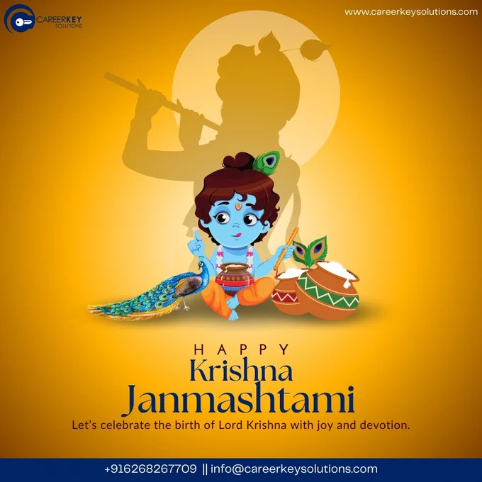 May Lord Krishna's blessings bring you joy, prosperity, and success in all your endeavors. Celebrating the birth of the divine. Happy Janmashtami from Careerkey Solutions!
#Janmashtami #Krishna #Blessings #CareerkeySolutions