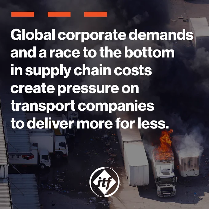 A graphic reading 'Global corporate demands and a race to the bottom in supply chain costs create pressure on transport companies to deliver more for less.'