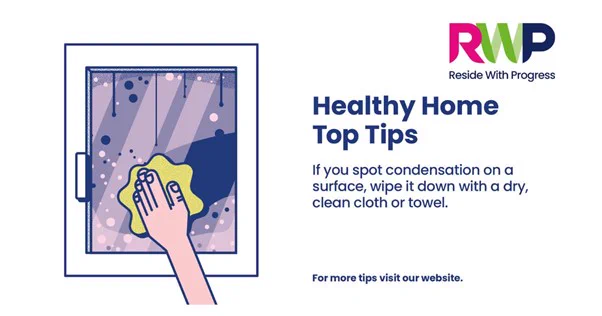 Image of hand with yellow cloth wiping a dirt window. Text reads: health home top tips - if you sport condensation on a surface, wipe it down with a dry, clean cloth or towel.