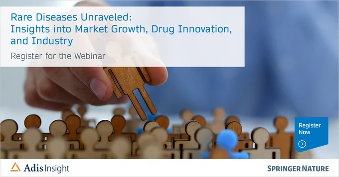 Springer Nature webinar titled 'Rare Diseases Unraveled: Insights into Market Growth, Drug Innovation, and Industry'. Features an image of a hand holding a magnifying glass over wooden figures, with a 'Register Now' button.