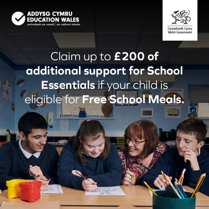 Text reads: Claim up to £200 of additional support for School Essentials if your child is eligible for Free School Meals. 

Picture shows: three children and a teacher working.  
