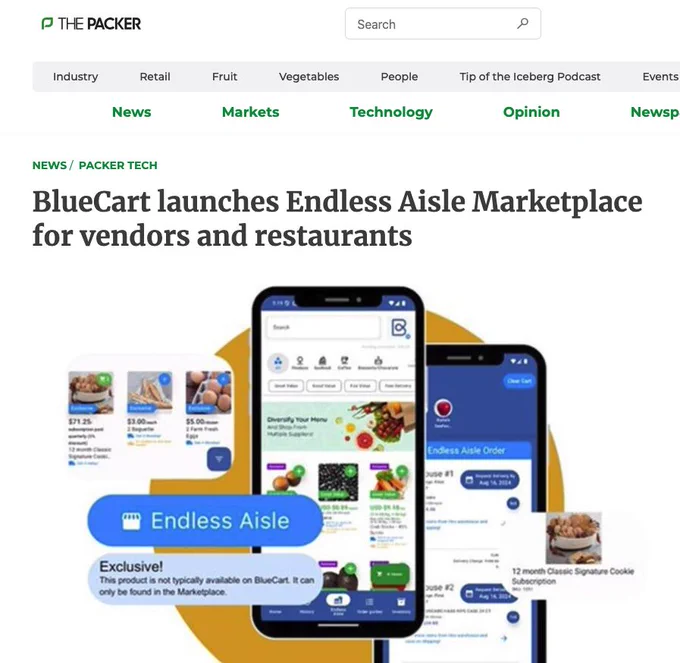 Big thanks to The Packer for sharing the news about Endless Aisle - the ultimate marketplace for vendors and restaurants.

Learn all about the launch here: https://lnkd.in/g-XFrMn6

#tech #b2b #pr #technews