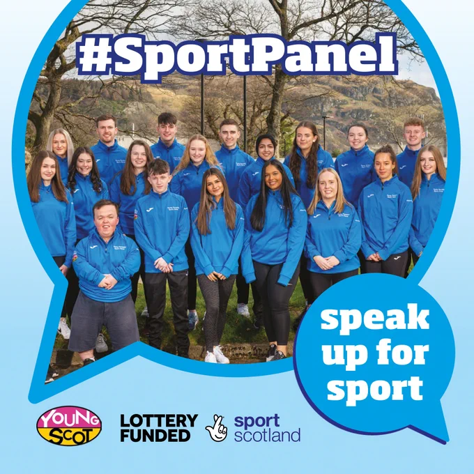 A group of young people in blue jumpers, with hills in the background. Text overlaid reads #SportPanel and a blue speech bubble graphic reads 'speak up for sport'. Young Scot and sportscotland logos appear in the bottom left corner. 