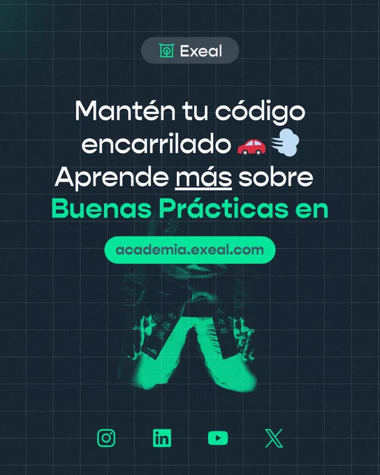 Slide final del carrusel de Exeal: ‘Mantén tu código encarrilado. Aprende más sobre Buenas Prácticas en academia.exeal.com’. Imagen con un cinturón negro de artes marciales en el fondo y enlaces a redes sociales.