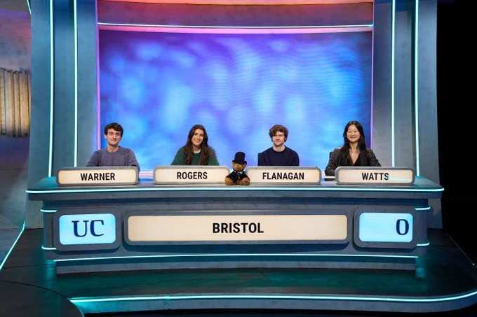 Bristol's University Challenge team on the set of the BBC Two show