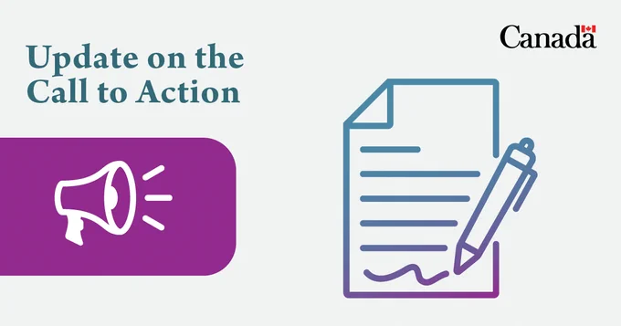 On the left, the text reads “Update on the Call to Action” with a megaphone icon outlined in white against a purple background. On the right, a piece of paper with lines on it alongside a pen.