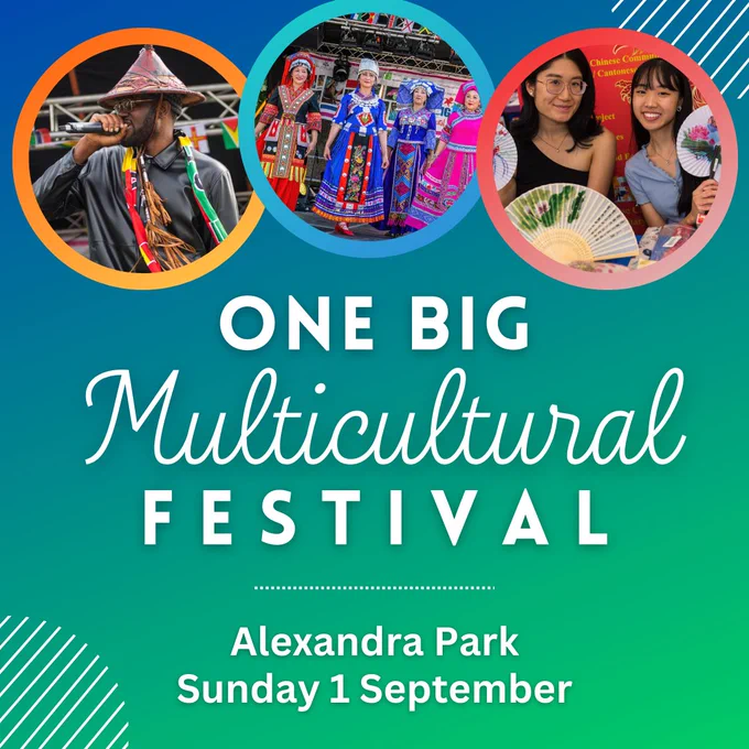 Promotional poster for One Big Multicultural Festival at Alexandra Park on Sunday 1 September, featuring a musician in traditional attire, and two attendees in colorful cultural costumes, holding fans.