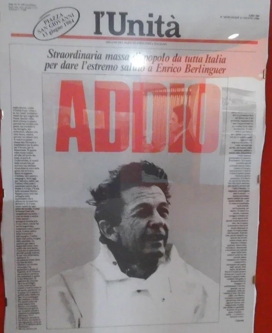 La prima pagina del quotidiano del 13 giugno 1984 attesta la grandissima partecipazione ai funerali del segretario del Partito Comunista Italiano. 