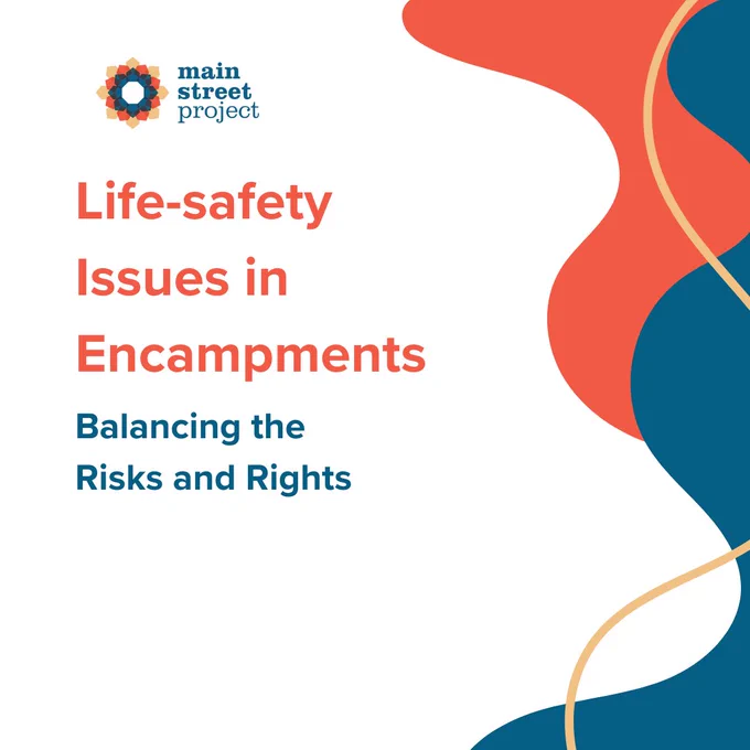 Image with text that reads "Life-safety issues in encampments: Balancing the Risks and Rights"