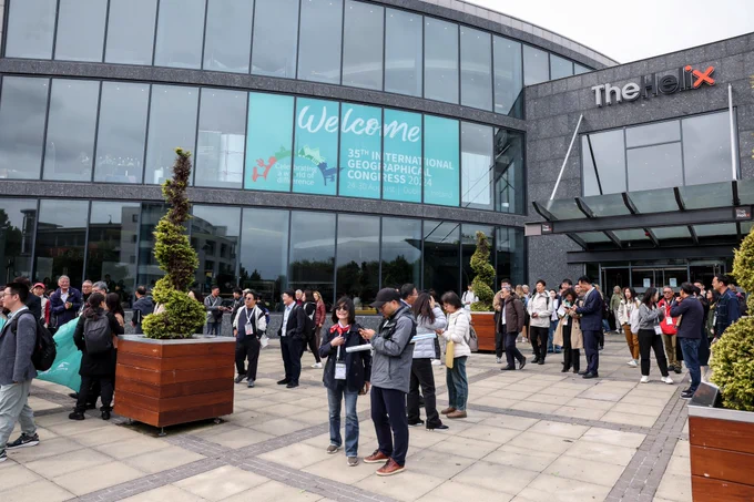 Attendees gather outside The Helix on DCU's Glasnevin Campus for the 35th International Geographical Congress (IGC)