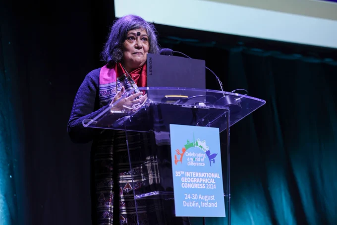 Keynote speaker Professor Anindita Datta, from the Dept of Geography, Delhi School of Economics, University of Delhi, on stage at The Helix on DCU's Glasnevin Campus
