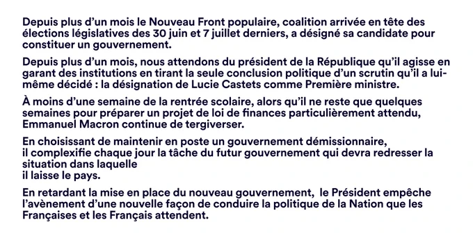Suite du communiqué qui est trop long pour être posté ici mais accessible en ligne sur les sites des partis du Nouveau Front populaire.