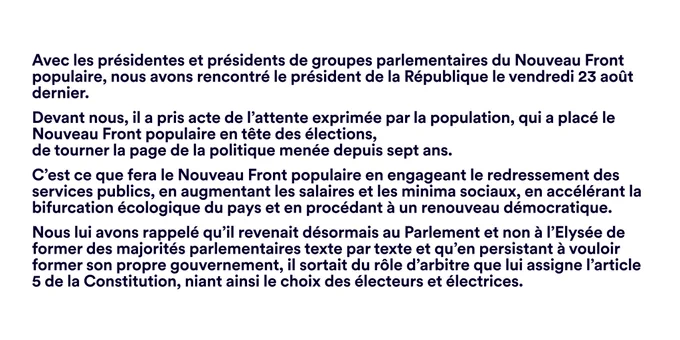 Suite du communiqué qui est trop long pour être posté ici mais accessible en ligne sur les sites des partis du Nouveau Front populaire.