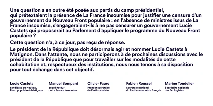 Suite du communiqué qui est trop long pour être posté ici mais accessible en ligne sur les sites des partis du Nouveau Front populaire.