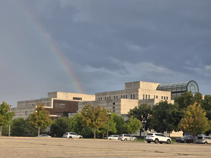 A rainbow above the Michigan History Center.