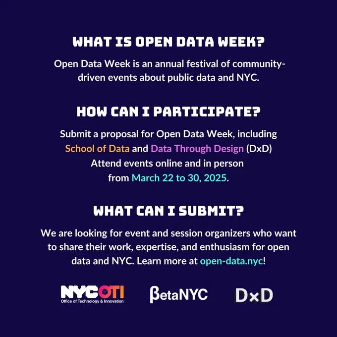 purple graphic with white & colored text explaining Open Data Week & how to participate, with logos at the bottom