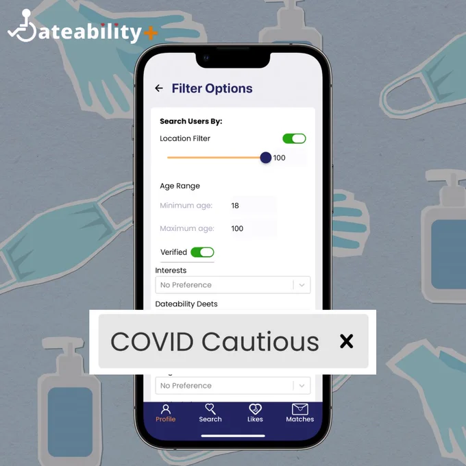 A background of glove, sanitizer, and mask graphics. A screenshot of the Dateability  filtering page is in the middle of the screen. The C*vid-cautious Dateability Deet is enlarged across the screenshot.