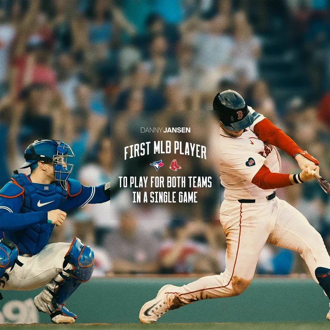 TEXT: Danny Jansen- First MLB player to play for both teams in a single game. 


IMAGE: A photoshopped image shows Danny Jansen behind the plate in a Blue Jays uniform wearing full catchers gear, in a squat. At the plate at Fenway is Danny Jansen swinging at a pitch in a full Red Sox home white uniform. 