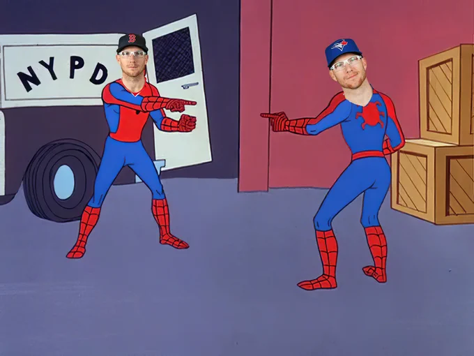 Danny Jansen Spiderman meme with a Red Sox face cutout and a Blue Jays face cutout on both spidermans. 