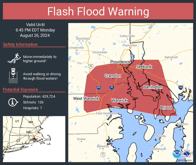 This graphic displays a flash flood warning plotted on a map. The warning is in effect until 6:45 PM EDT. The warning includes Providence RI, Warwick RI and Cranston RI. Avoid walking or driving through flood waters! Move immediately to higher ground! There are 429,724 people in the warning along with 126 schools and 7 hospitals.
