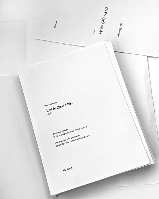 A printed draft of a white book with black letters on a white table.: Igor Štromajer 3¦×Fń–Qé3=Miá  -oµ4×