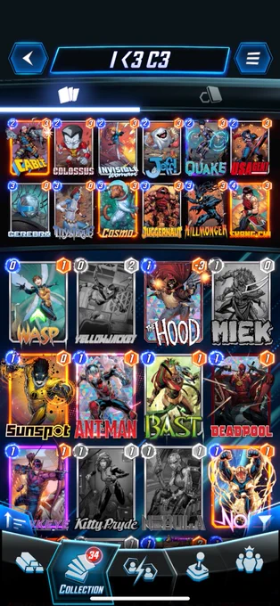 # (2) Cable
# (2) Colossus
# (2) Invisible Woman
# (2) Jeff the Baby Land Shark
# (2) Quake
# (2) U.S. Agent
# (3) Cerebro
# (3) Mystique
# (3) Cosmo
# (3) Juggernaut
# (3) Killmonger
# (4) Shang-Chi
#
Q2JsNSxDcmJyNyxDbHNzczgsQ3NtNSxJbnZzYmxXbW5FLEpmZlRoQmJMbmRTaHJrMTQsSmdncm50QSxLbGxtbmdyQSxNc3RxOCxTaG5nQ2g4LFFrNSxVU0FnbnQ3
#
# To use this deck, copy it to your clipboard and paste it from the deck editing menu in MARVEL SNAP.