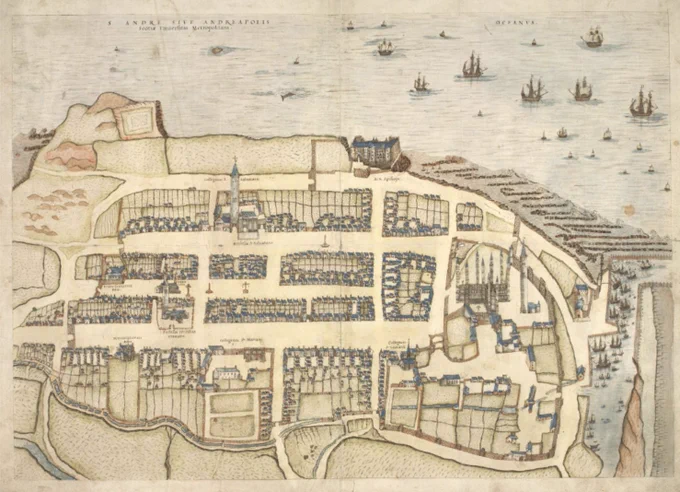Town plan of St Andrews by John Geddy 1580. S. Andre sive Andreapolis Scotiae Universitas Metropolitana.  