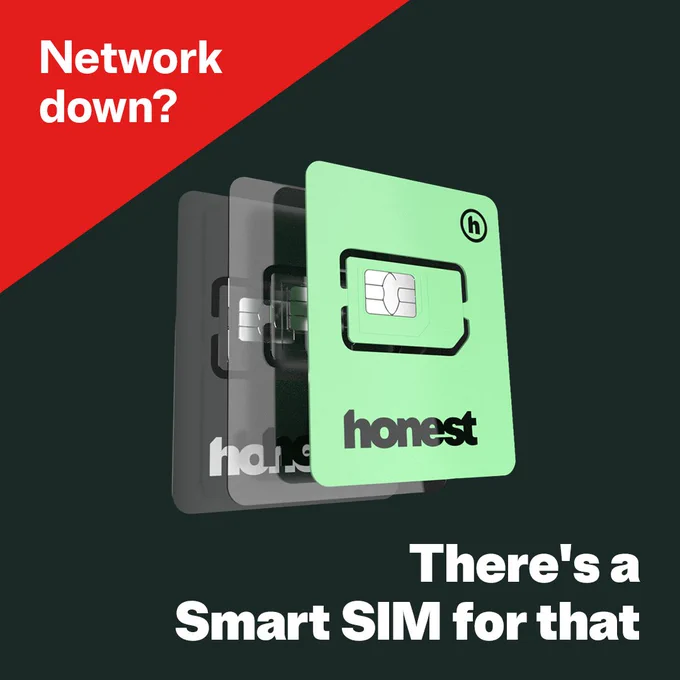A graphic showing an Honest SIM, reading "Network down? There's a Smart SIM for that".