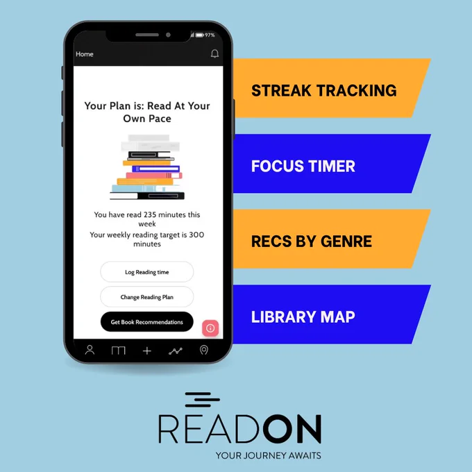 A graphic of a phone screen showing the home page of the Read On app by London Libraries, with text boxes coming out of the screen reading:
- Streak Tracking
- Focus Timer
- Recs by genre
- Library Map

Followed by the Read On logo