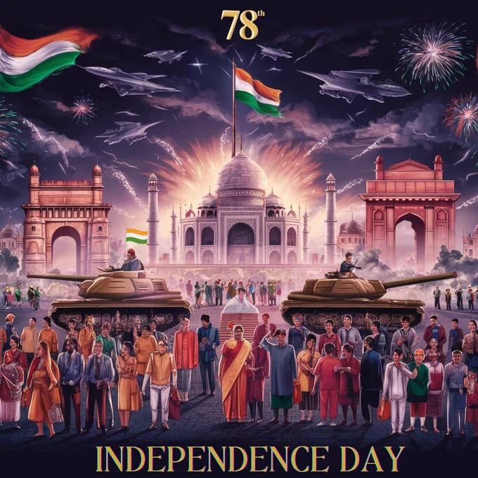 78th Independence Day people are celebrating the day and hoisting the national flag armed forces showing their bravery and indian monuments standing illuminated with bright light.