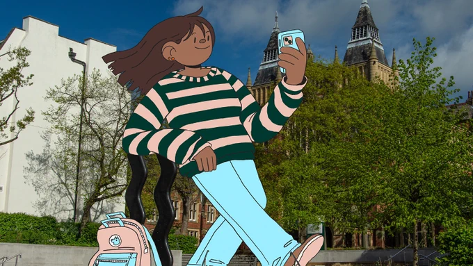 An illustration of a student looking at their phone while they walk across campus.