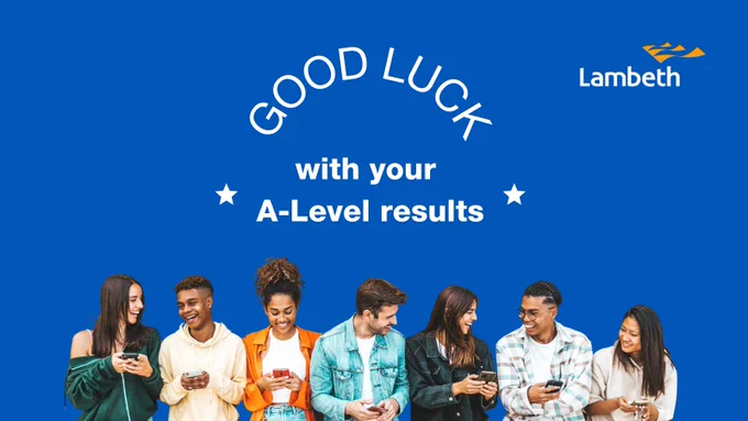 a group of people posing for the camera with Good luck on your a-level results written above