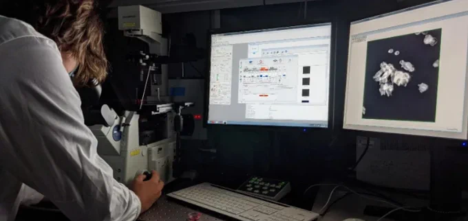 An image of a scientist looking down a microscope, next to two computer monitors. 