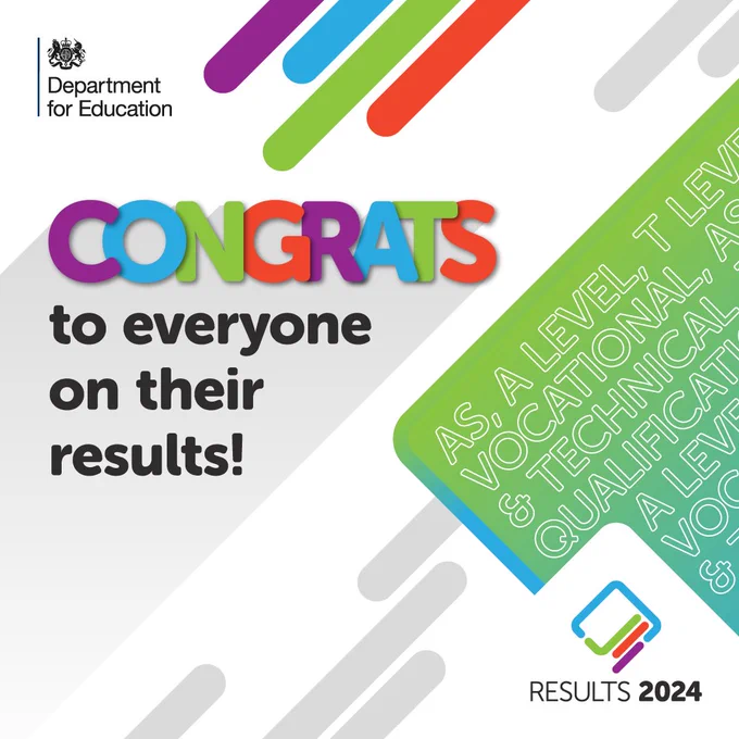A graphic with Department for Education branding. The text reads 'Congrats to everyone on their results!'