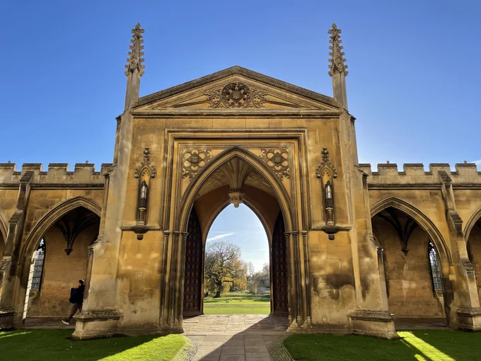 Eagle Gate, New Court, at St John's College in the sunshine.