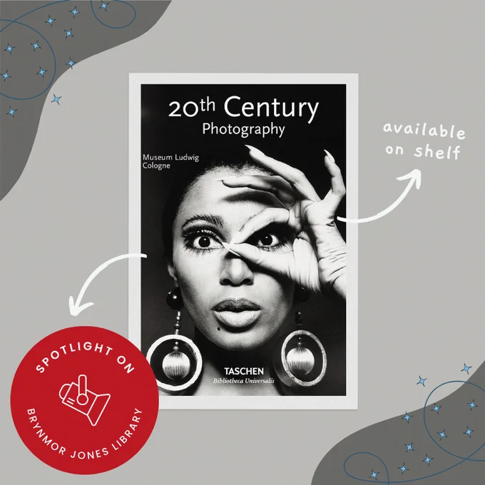 The book cover of '20th Century Photography' by TASCHEN features a black and white portrait photograph of a woman. She has large abstract earrings and long fingernails. It is displayed on a grey background with the Spotlight On logo in the bottom left corner.
