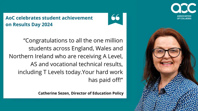 Graphic that reads. “Congratulations to all the one million students across England, Wales and Northern Ireland who are receiving A Level, AS and vocational technical results, including T Levels today. Your hard work has paid off!”