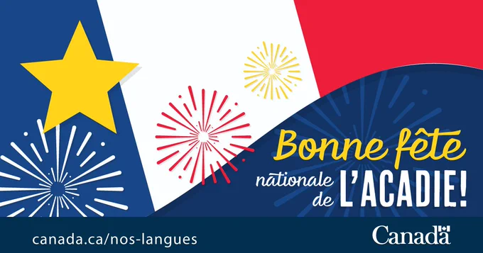 Drapeau acadien et feux d'artifice colorés. Texte: «Bonne fête nationale de l'Acadie!».