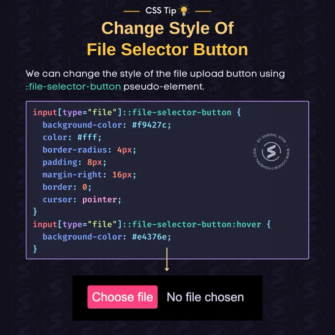 We can change the style of the file upload button using  ::file-selector-button pseudo-element.

CSS Code:
input[type="file"]::file-selector-button {
  background-color: #f9427c;
  color: #fff;
  border-radius: 4px;
  padding: 8px;
  margin-right: 16px;
  border: 0;
  cursor: pointer;
}

input[type="file"]::file-selector-button:hover {
  background-color: #e4376e;
}