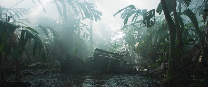 A still from Transamazonia. Two airplane seats are lying on their back in the middle of a foggy, dense jungle. Two feet can be seen sticking out from behind the chair.