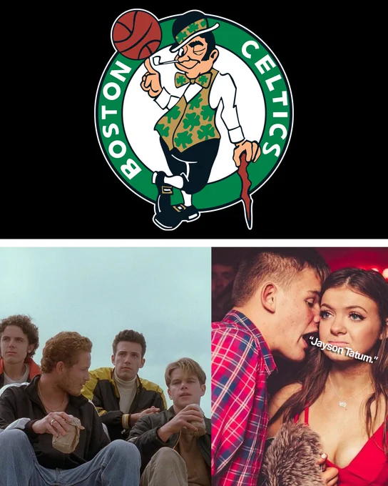 Celtics logo on top. Bottom: Cast from movie “Good Will Hunting” on left and a meme on the right with guy whispering “Jayson Tatum” in a girl’s ear.