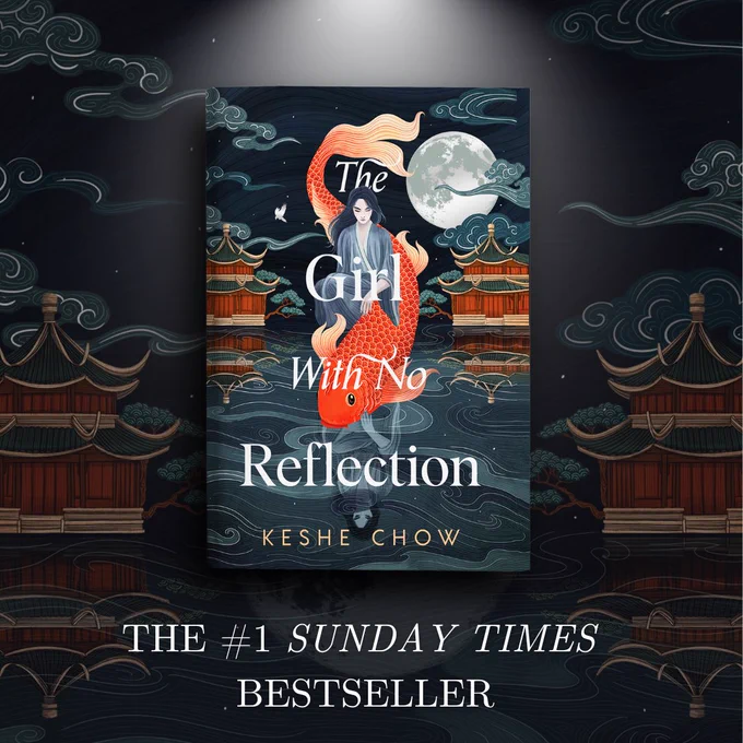 The uk cover of the girl with no reflection against a background featuring cover elements (the buildings and the swirly clouds). Below, in white text, reads “the #1 Sunday times bestseller”