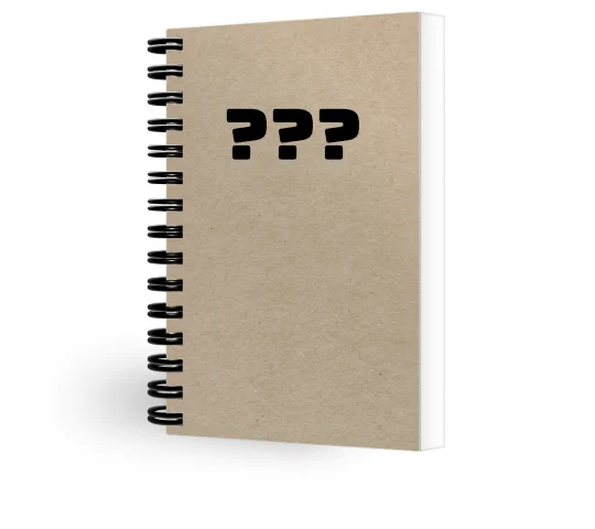A ring-bound notebook with three question marks on the cover.
