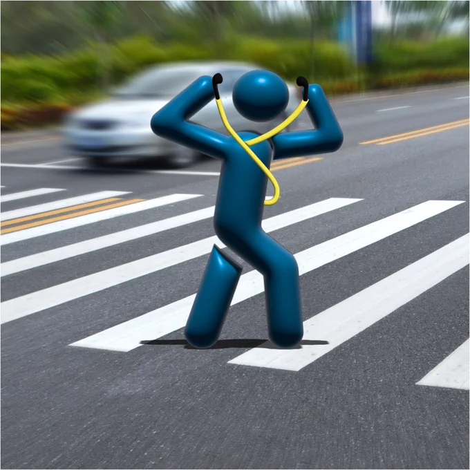 CGI blue person walking across a crosswalk.  They are removing head phones out of their ears.