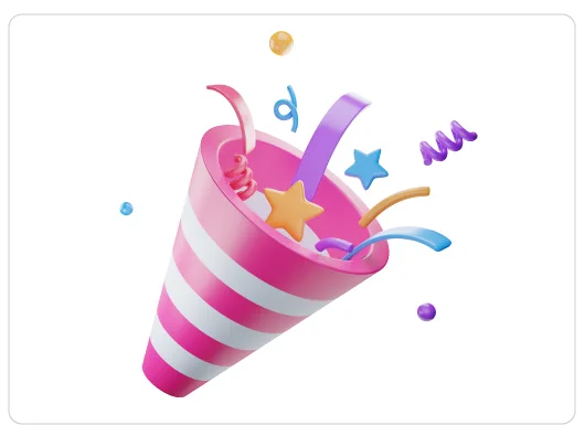 3D-style image of a pink-and-white-striped cornucopia with streamers and stars coming out