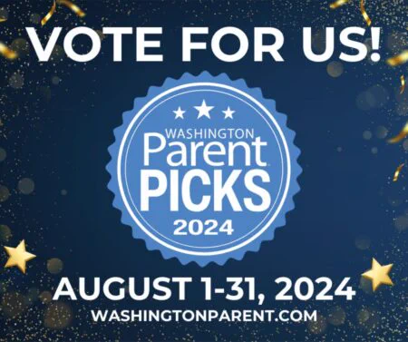 Blue graphic with gold stars and confetti. Text says: "Vote for us! Washington Parent Picks 2024. August 1-31, 2024. WashingtonParent.Com"