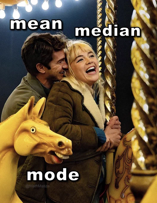 Florence Pugh and Andrew Garfield on a carousel captioned "mean" and "median". Below is a silly looking carousel horse captioned "mode"