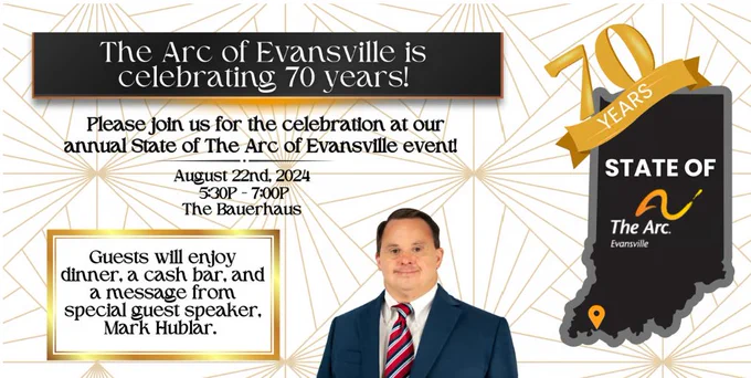 Decorative flyer for The Arc of Evansville's 70th anniversary. 
