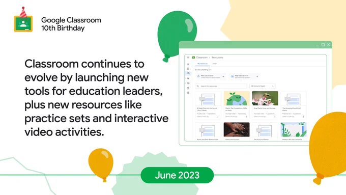 Image of the Practice Sets UI in Classroom with the text “June 2023: Classroom continues to evolve by launching new tools for education leaders, plus new resources like practice sets and interactive video activities.”