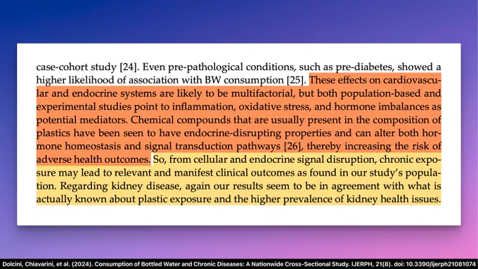 "... These effects on cardiovascular and endocrine systems are likely to be multifactorial, but both population-based and experimental studies point to inflammation, oxidative stress, and hormone imbalances as potential mediators. Chemical compounds that are usually present in the composition of plastics have been seen to have endocrine-disrupting properties and can alter both hormone homeostasis and signal transduction pathways [26], thereby increasing the risk of adverse health outcomes. So, from cellular and endocrine signal disruption, chronic exposure may lead to relevant and manifest clinical outcomes as found in our study's population. Regarding kidney disease, again our results seem to be in agreement with what is actually known about plastic exposure and the higher prevalence of kidney health issues."